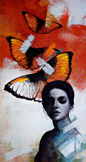 Figurative acrylic painting titled 'Freedom of beauty 14', 48x24 inches, by artist Kishore Pratim Biswas on Canvas