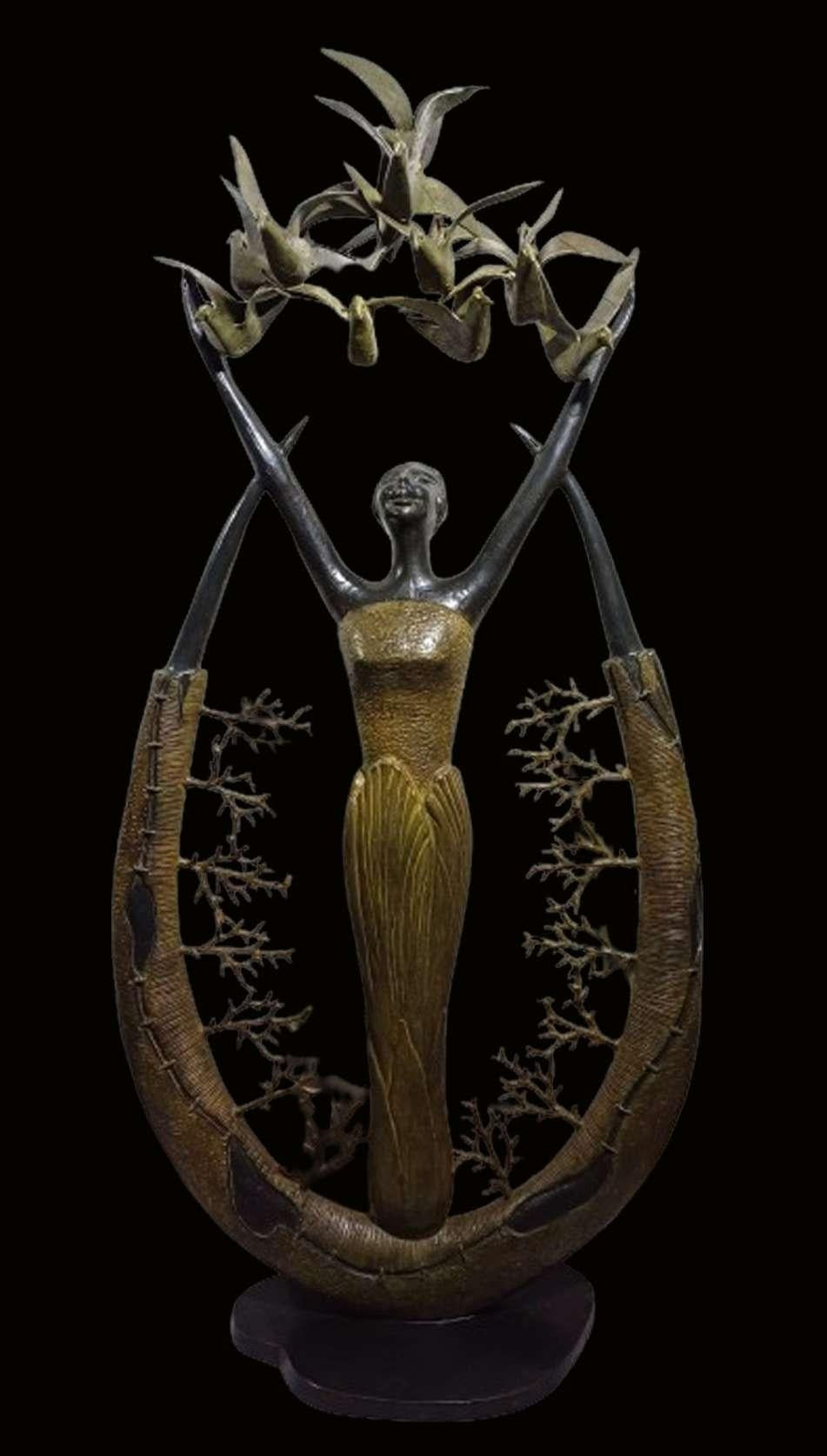 Freedom' figurative Bronze sculpture by artist Subrata Paul, 67x33 inch, on bronze