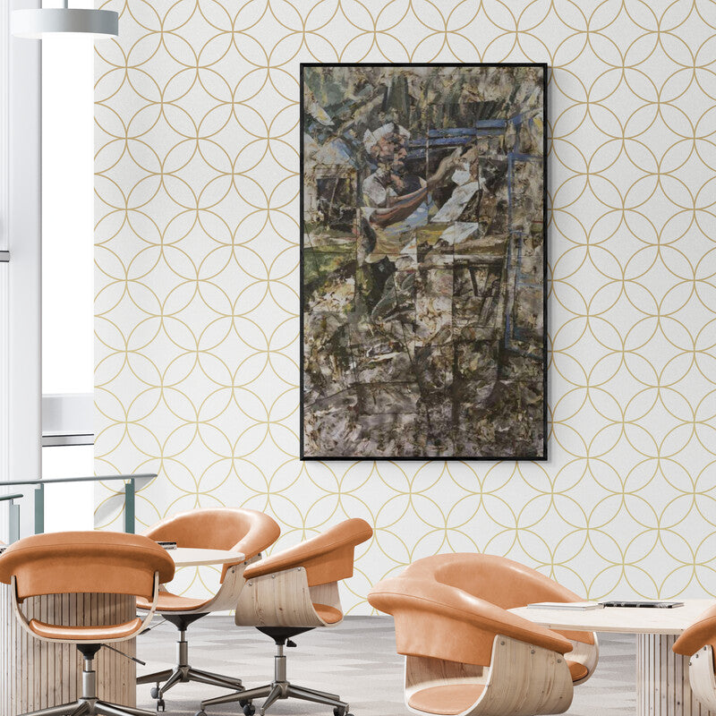 In-situ view of Rajdeep Das's 'Fregmented 2 (Abstract Barber Shop)' painting in a room