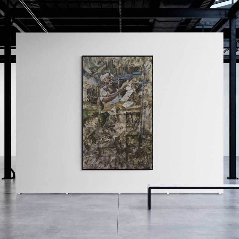 Rajdeep Das's painting 'Fregmented 2 (Abstract Barber Shop)' displayed in a modern living room setting