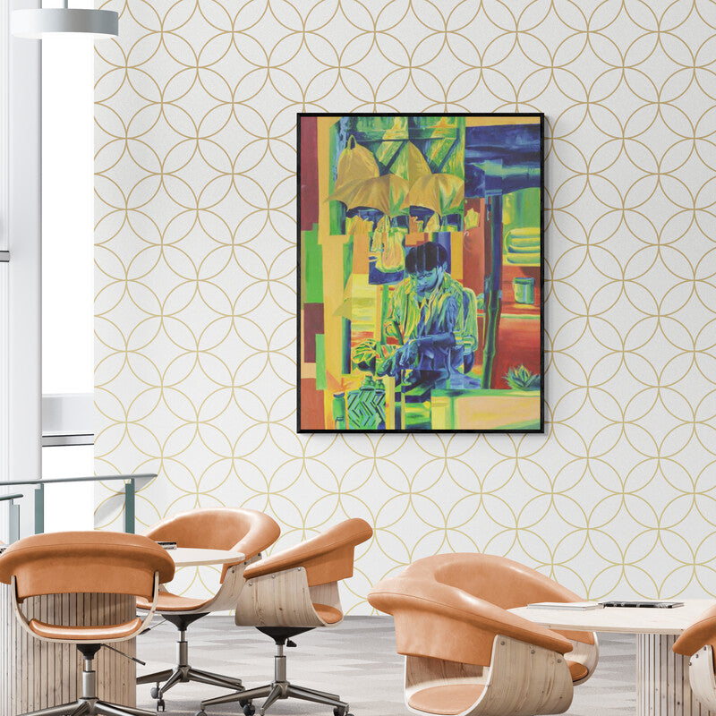 In-situ view of Rajdeep Das's 'Fregmented Life (Street Vendor)' painting in a room