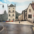 Cityscape watercolor painting titled 'French Village', 8x11 inches, by artist Arunava Ray on Paper