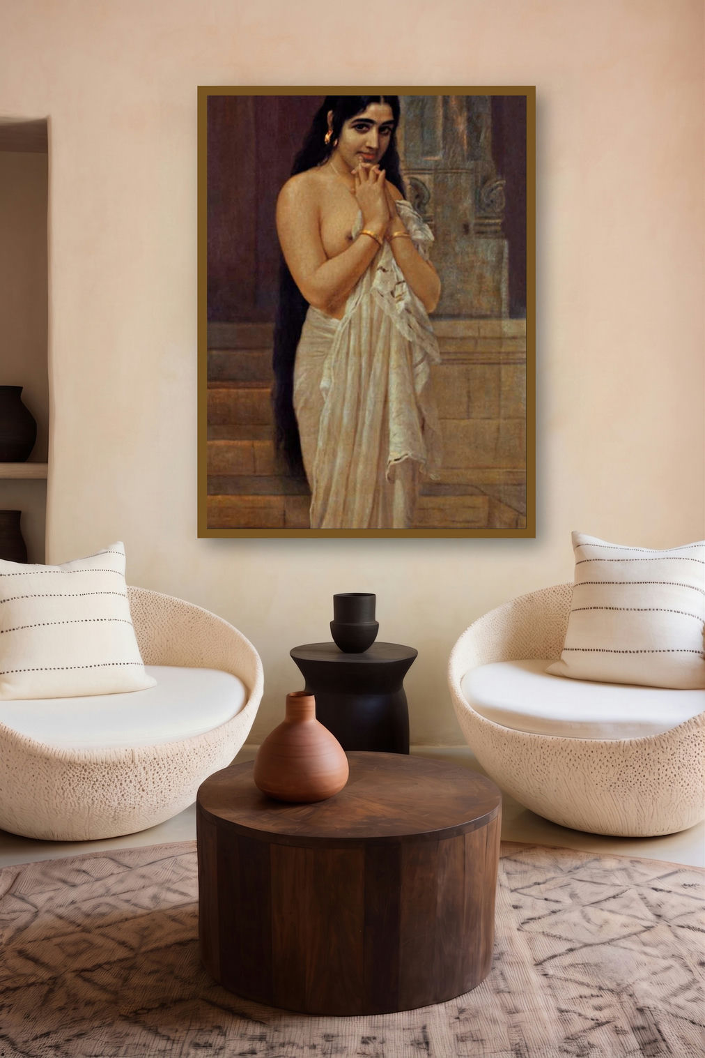 Fresh From Bath (The Fated Meeting of Nala and Damayanti) by artist Raja Ravi Varma displayed in a Indian Art gallery