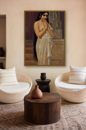 Fresh From Bath (The Fated Meeting of Nala and Damayanti) by artist Raja Ravi Varma displayed in a Indian Art gallery