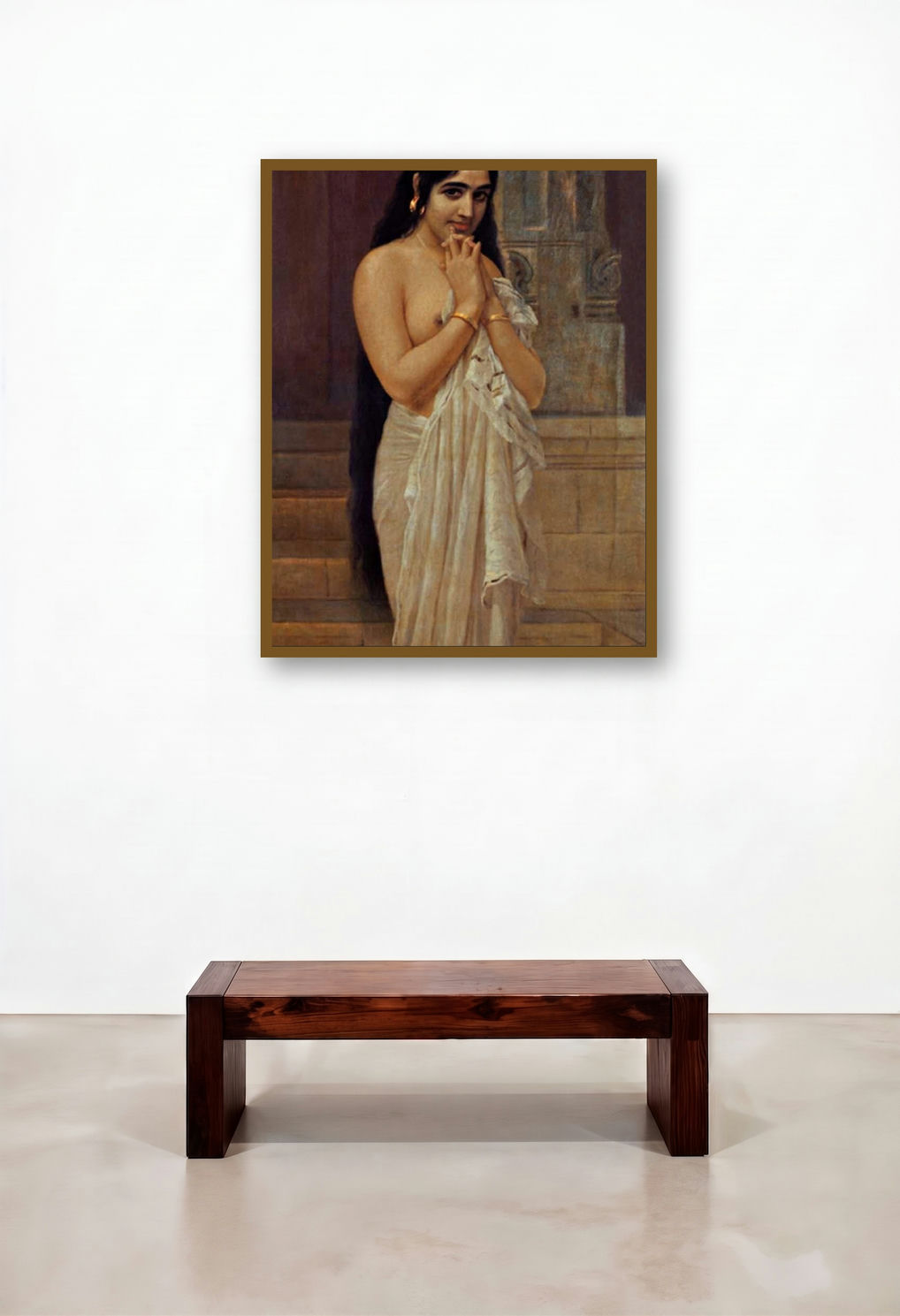 Fresh From Bath (The Fated Meeting of Nala and Damayanti) by artist Raja Ravi Varma displayed in a Art Deco Hotel Suite