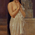 Figurative oil painting titled 'Fresh From Bath', 36x17 inches, by artist Raja Ravi Varma Reproduction on Canvas