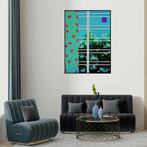 Protyusha Mitra's 'Freshner (Through the Window)' painting visualized above a sofa in a contemporary room.