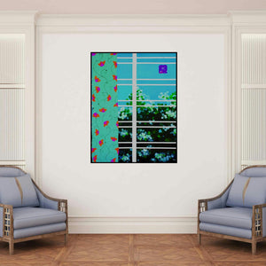 'Freshner (Through the Window)' painting by Protyusha Mitra shown on a wall in a furnished room.