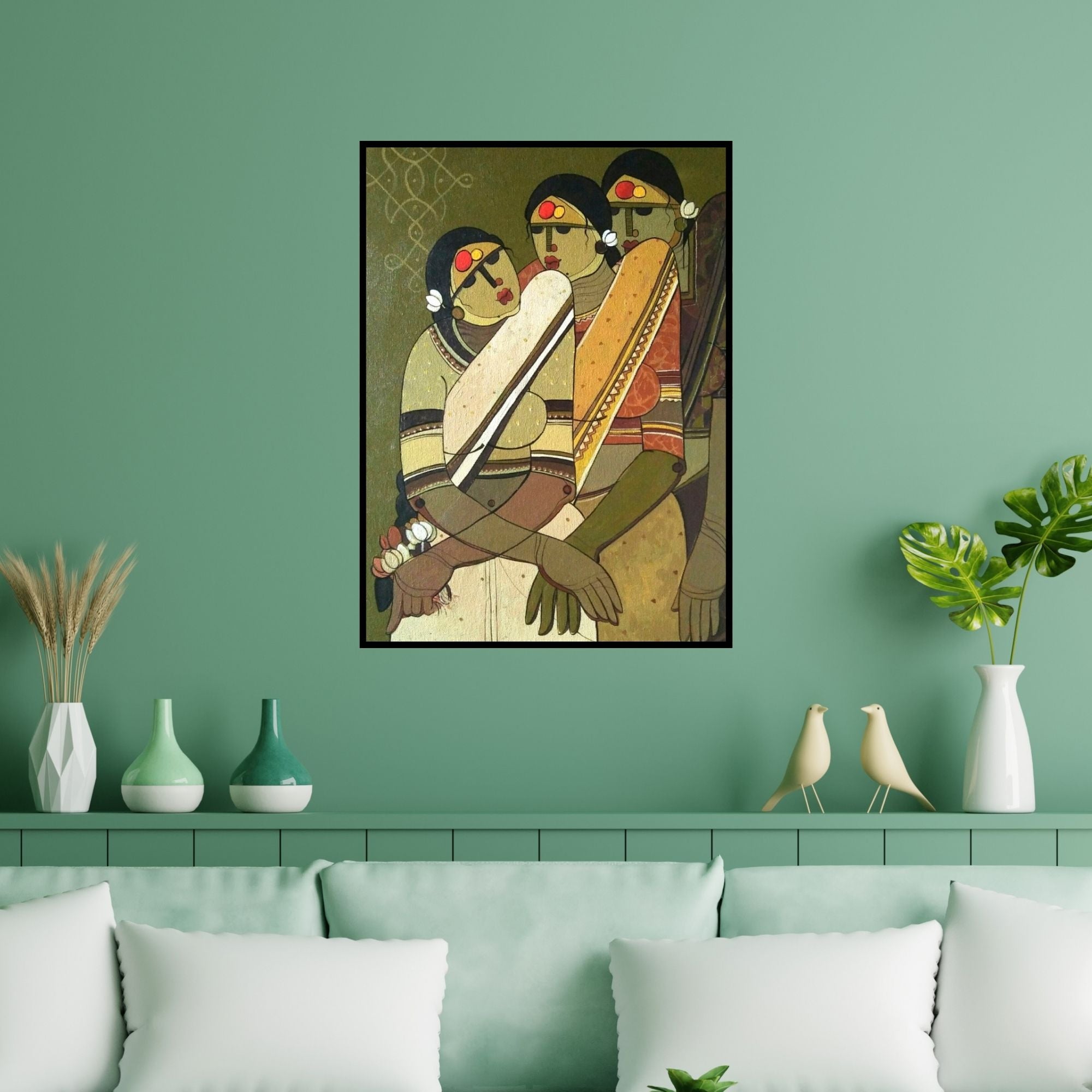 Preview of 'Friends' Painting by Priyanka Chivte shown on a wall in a furnished room.