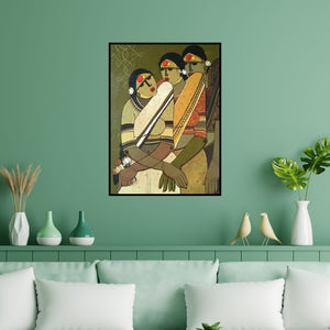 Preview of 'Friends' Painting by Priyanka Chivte shown on a wall in a furnished room.