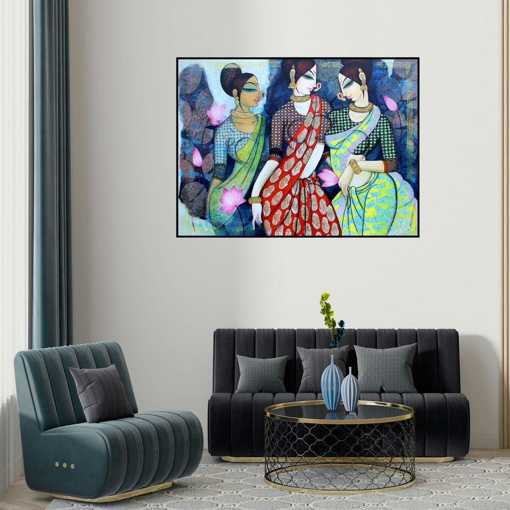 Varsha Kharatamal's 'Friends 2' painting visualized above a sofa in a contemporary room.