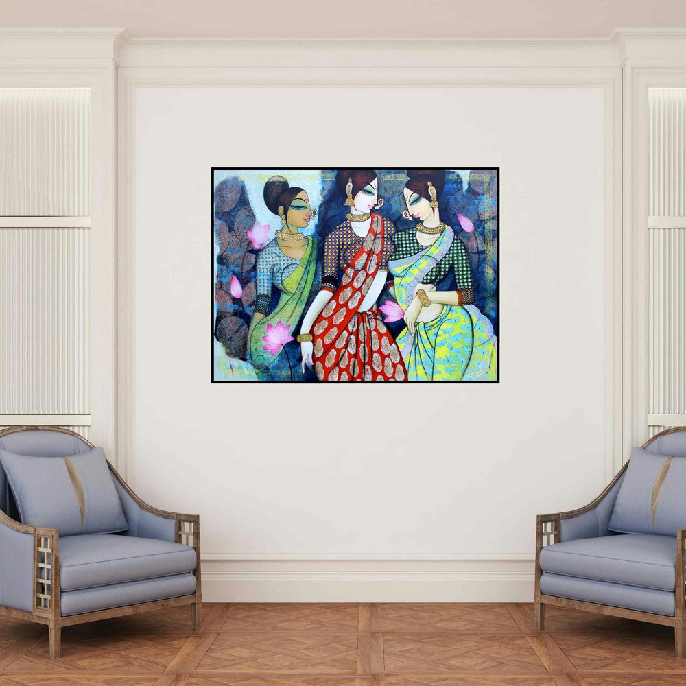 'Friends 2' painting by Varsha Kharatamal shown on a wall in a furnished room.