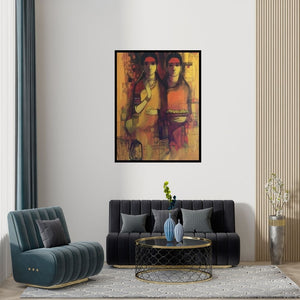 Preview of 'Friends (Sisters)' Painting by Sachin Sagare shown on a wall in a furnished room.