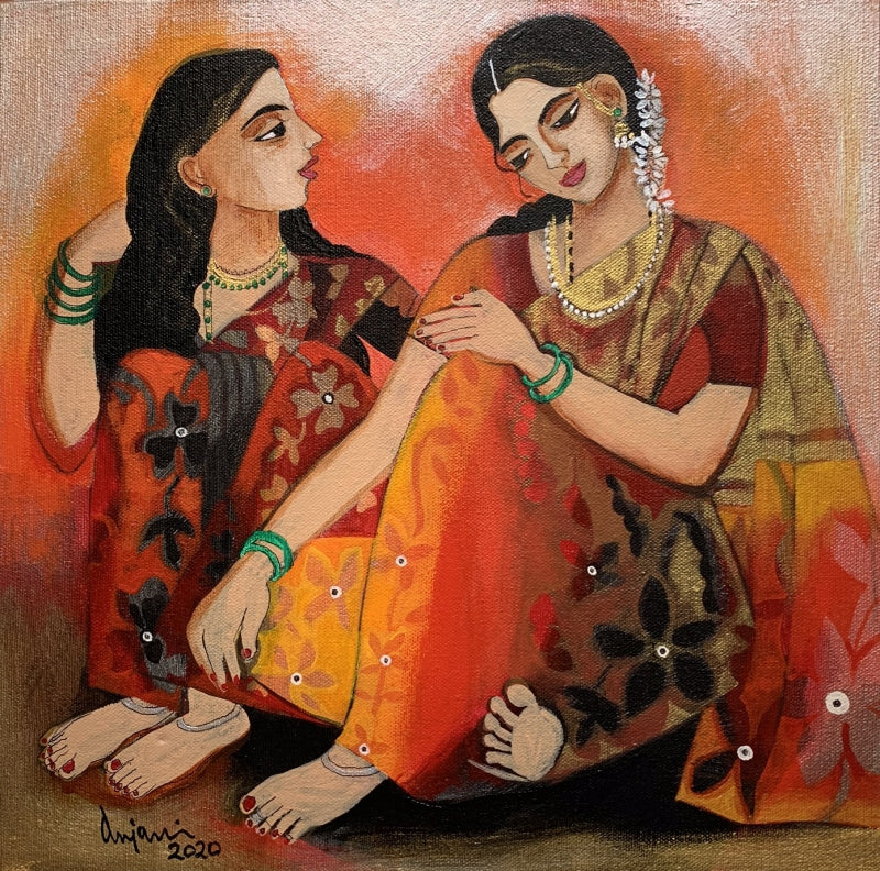 Friends by Anjani Reddy, Original Acrylic Figurative Painting on Canvas, X-Small Square Wall Art