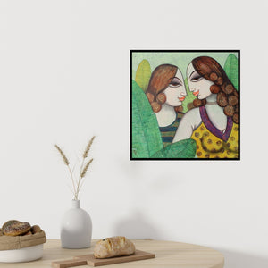 In-situ view of Varsha Kharatamal's 'Friends' painting in a room