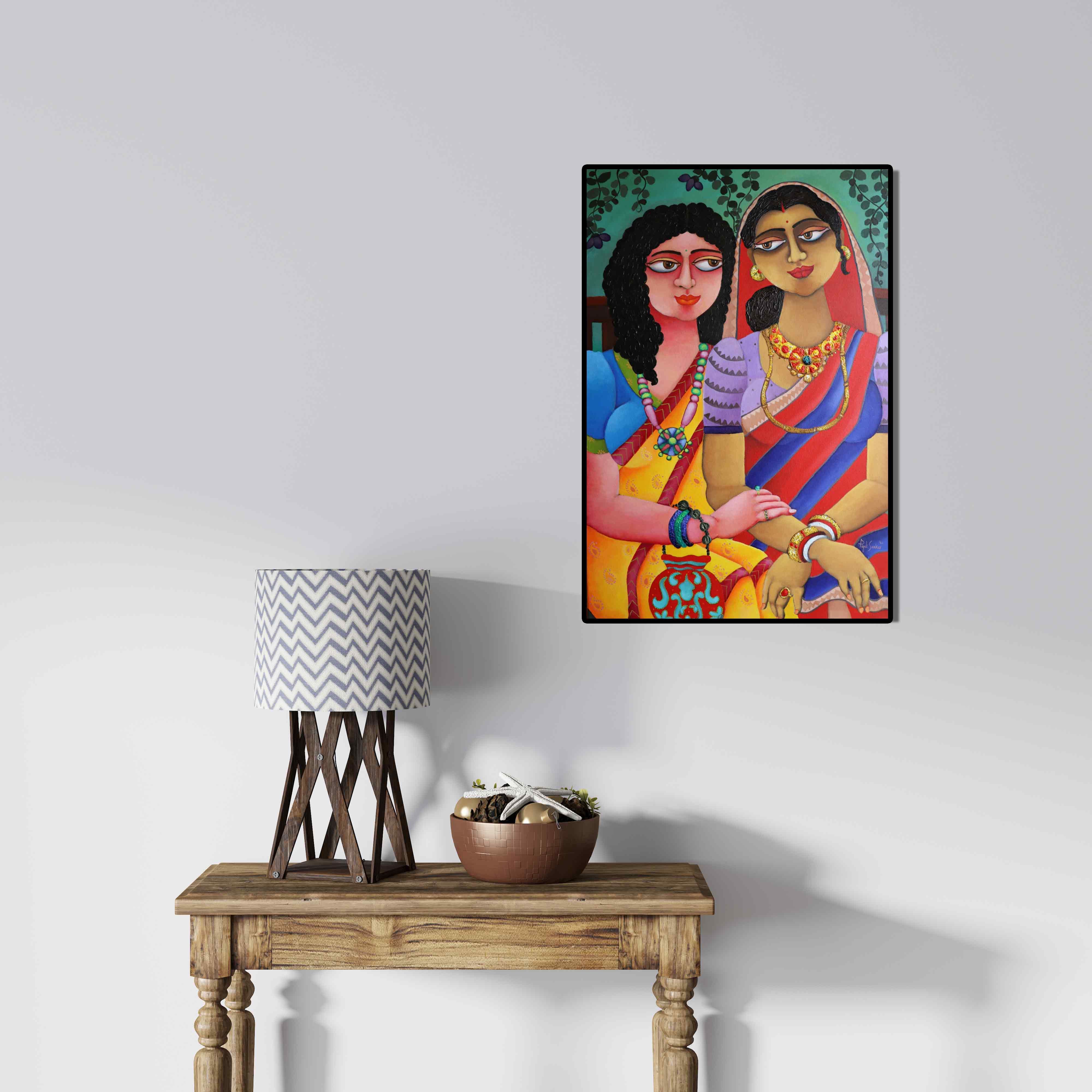 Piyali Sarkar's painting 'Friends Forever' displayed in a modern living room setting