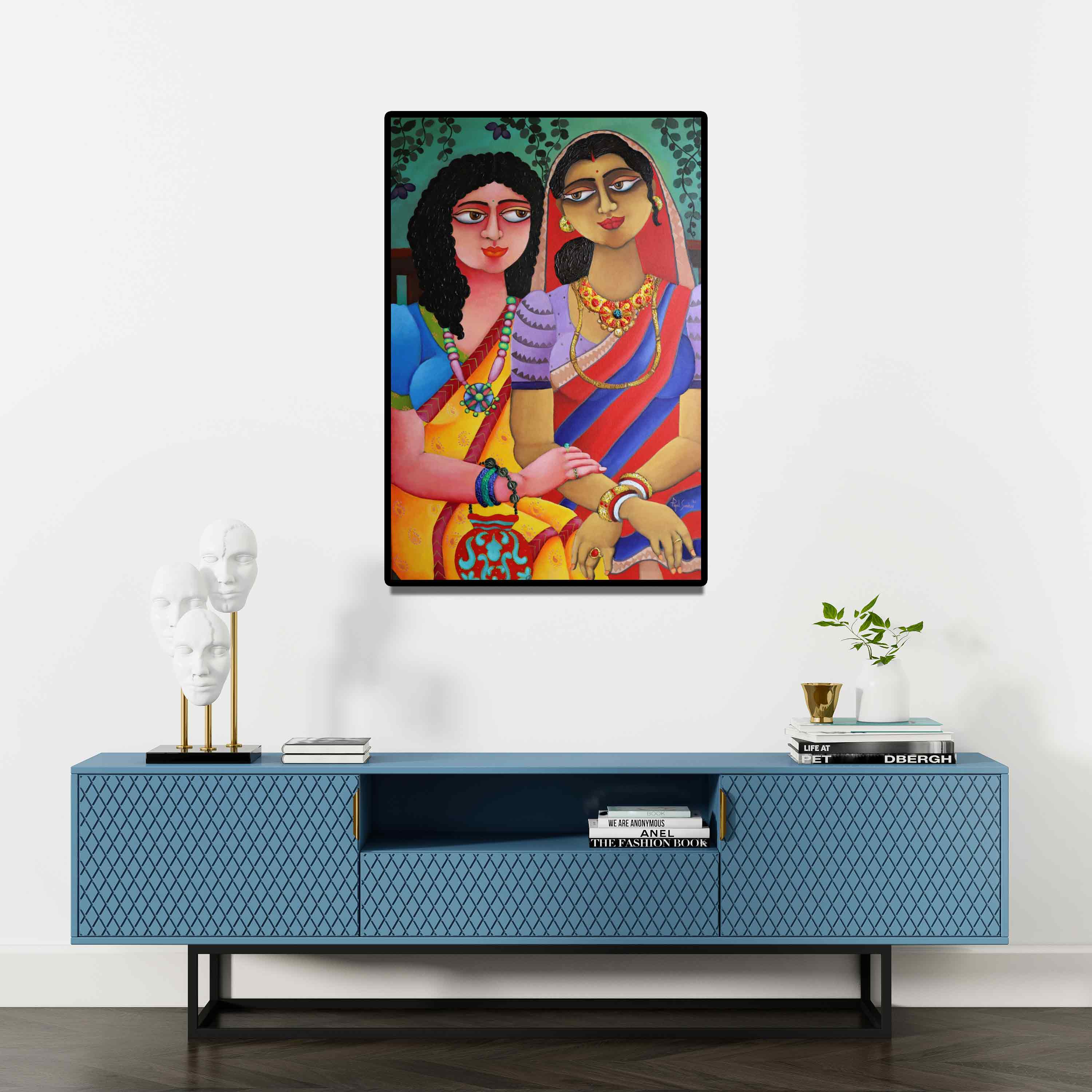 Piyali Sarkar's 'Friends Forever' Painting visualized above a sofa in a contemporary room