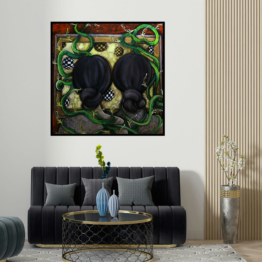 Shaista Momin's 'Friendship' painting visualized above a sofa in a contemporary room.
