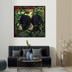 Shaista Momin's 'Friendship' painting visualized above a sofa in a contemporary room.