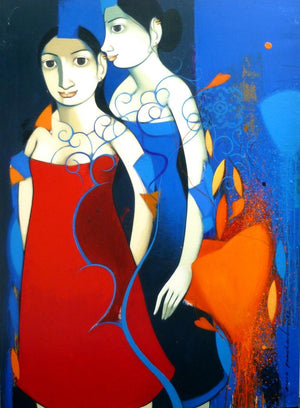 Friendship Girls by Anand Panchal, Original Acrylic Figurative Painting on Canvas, Large Vertical Wall Art