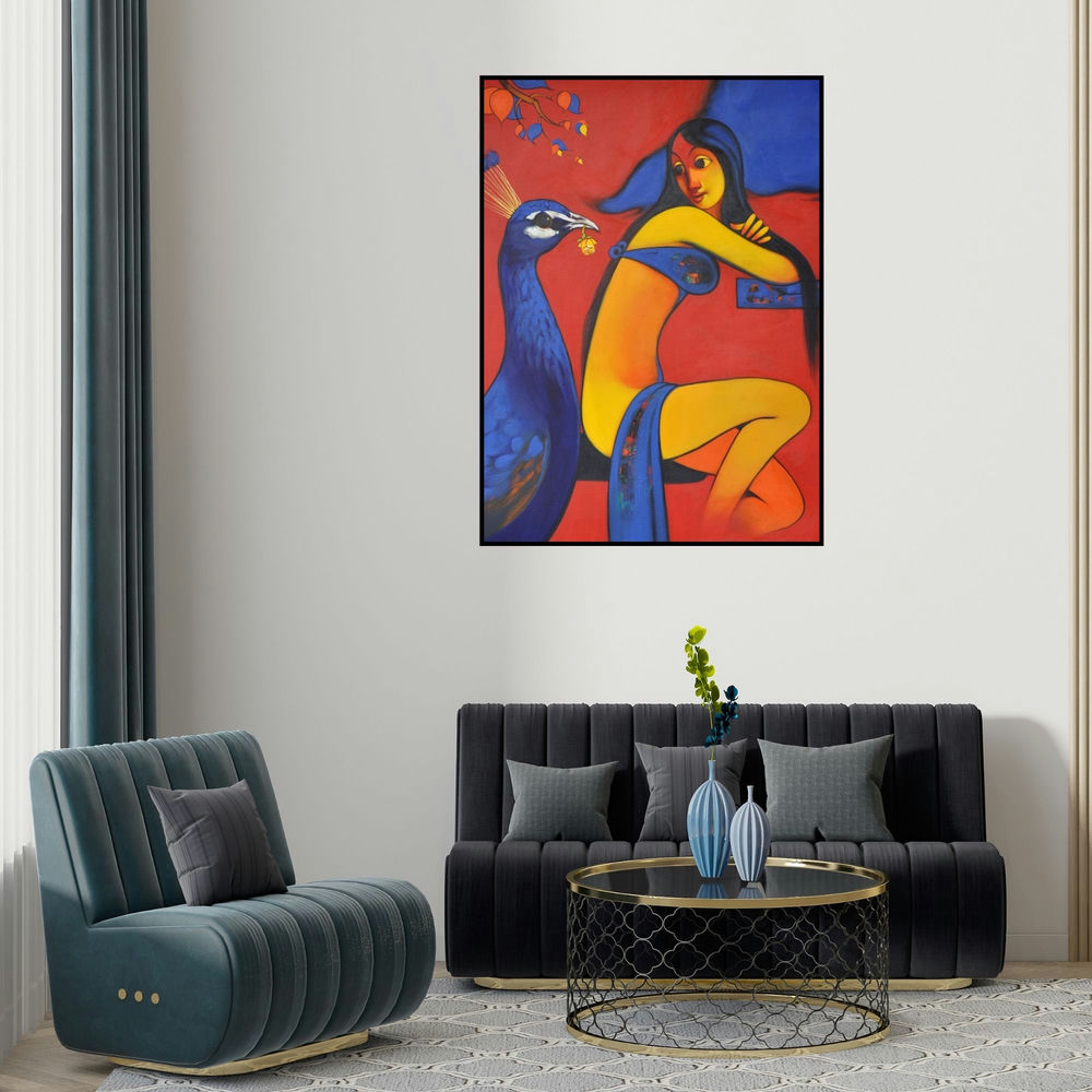 Navnath Chobhe's 'Friendship' painting visualized above a sofa in a contemporary room.