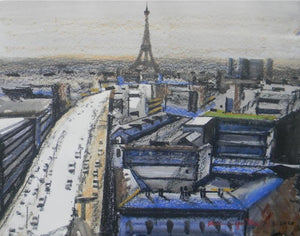 Cityscape mixed media painting titled 'From 20th Floor In Paris', 22x28 inches, by artist Bipul Roy on Paper