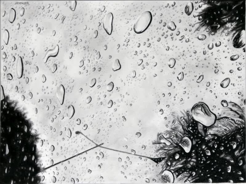 Nature charcoal painting titled 'From my sunroof', 24x18 inches, by artist Sripriya Mozumdar on Paper