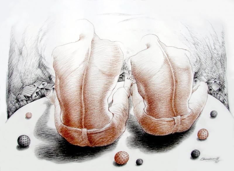 Expressionist pencil drawing titled 'From The Top', 30x22 inches, by artist Chandranath Banerjee on Paper