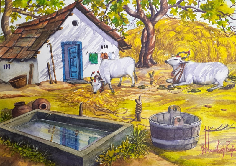 Front Of Village House' landscape watercolor painting by artist Manohar Raja, 12x17 inch, on paper