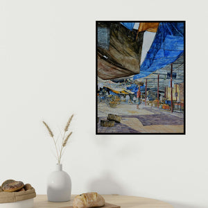 Prashant Kulkarni's 'Fruit Seller' painting visualized above a sofa in a contemporary room.