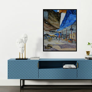 'Fruit Seller' painting by Prashant Kulkarni shown on a wall in a furnished room.