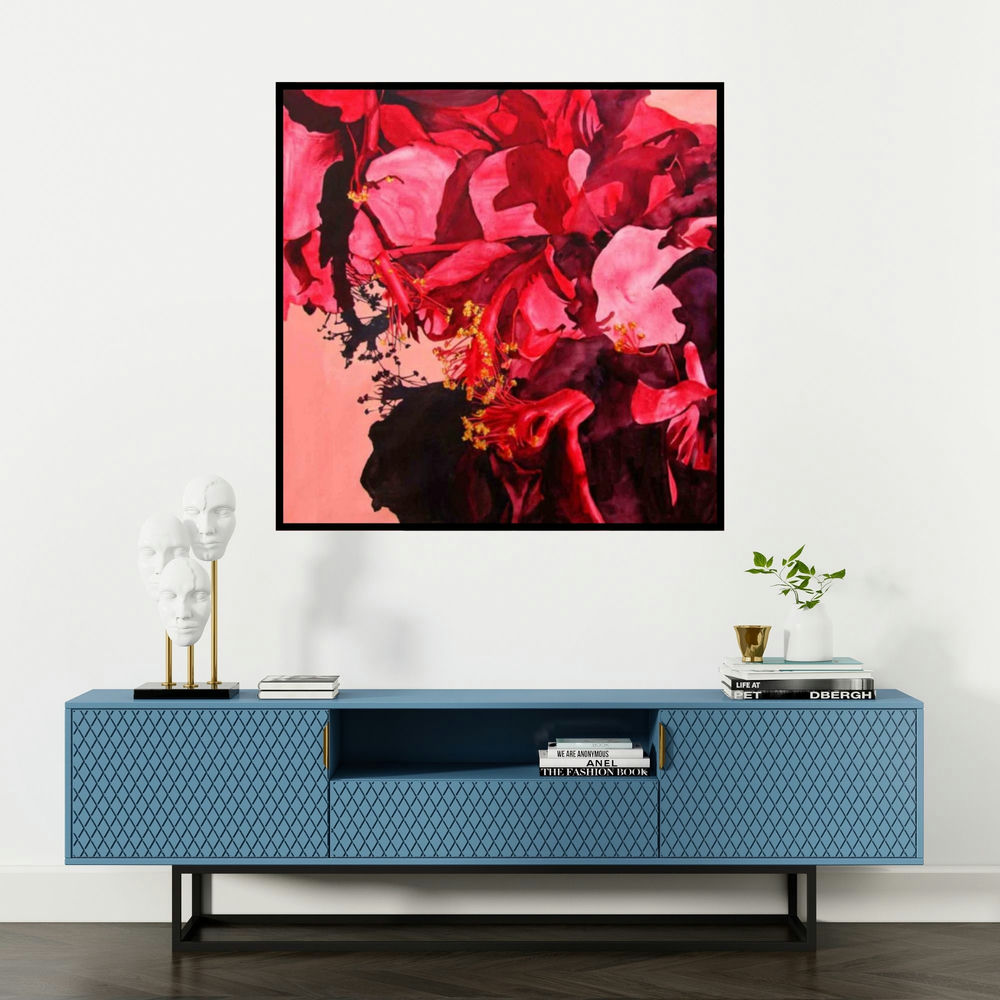 'Fuchsia Flowers' painting by Balaji G Bhange shown on a wall in a furnished room.
