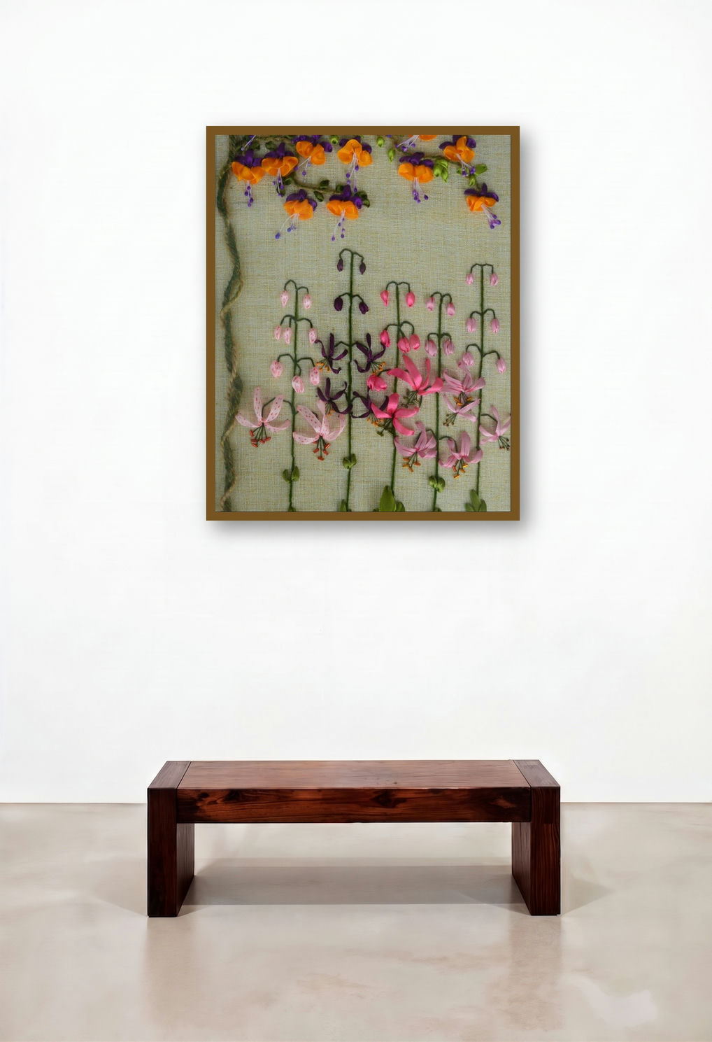 Fuchsia Martagon Lily Garden Garden (Ribbon Flower Garden) by artist Mohna Paranjape displayed in a Minimalist Bedroom