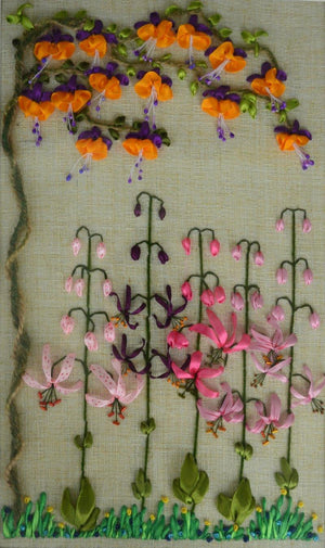 Fuchsia Martagon Lily Garden Garden (Ribbon Flower Garden) by Mohna Paranjape, Original Cloth Nature Painting on Cloth, Small Vertical Wall Art