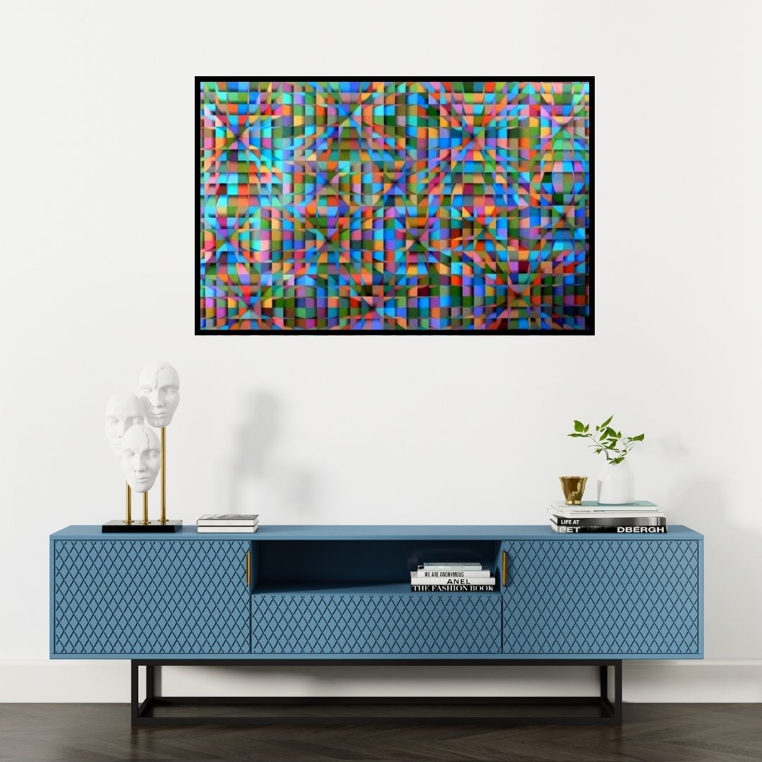 Preview of 'Fusion' Painting by Samba Biswas shown on a wall in a furnished room.