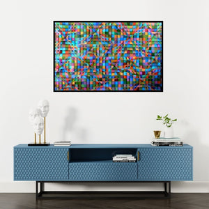 Preview of 'Fusion' Painting by Samba Biswas shown on a wall in a furnished room.