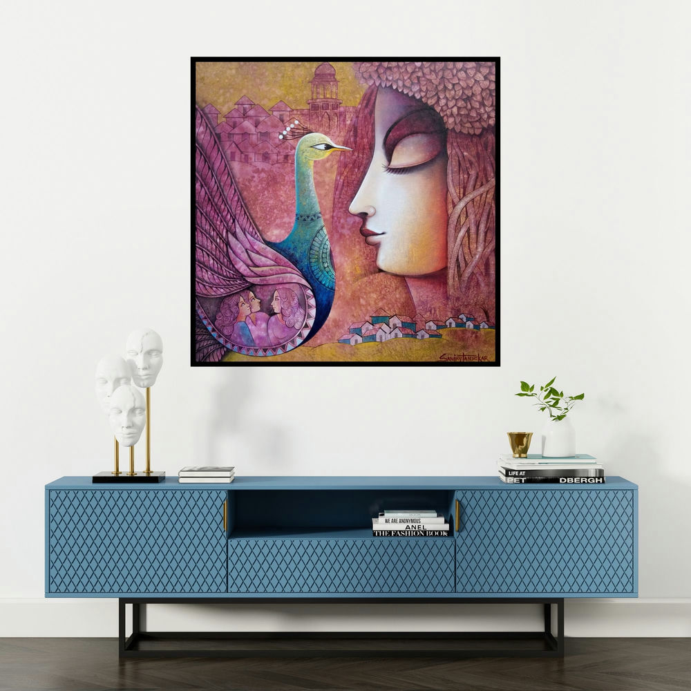'Fusion 3 (Peacock Dreams)' painting by Sanjay Tandekar shown on a wall in a furnished room.