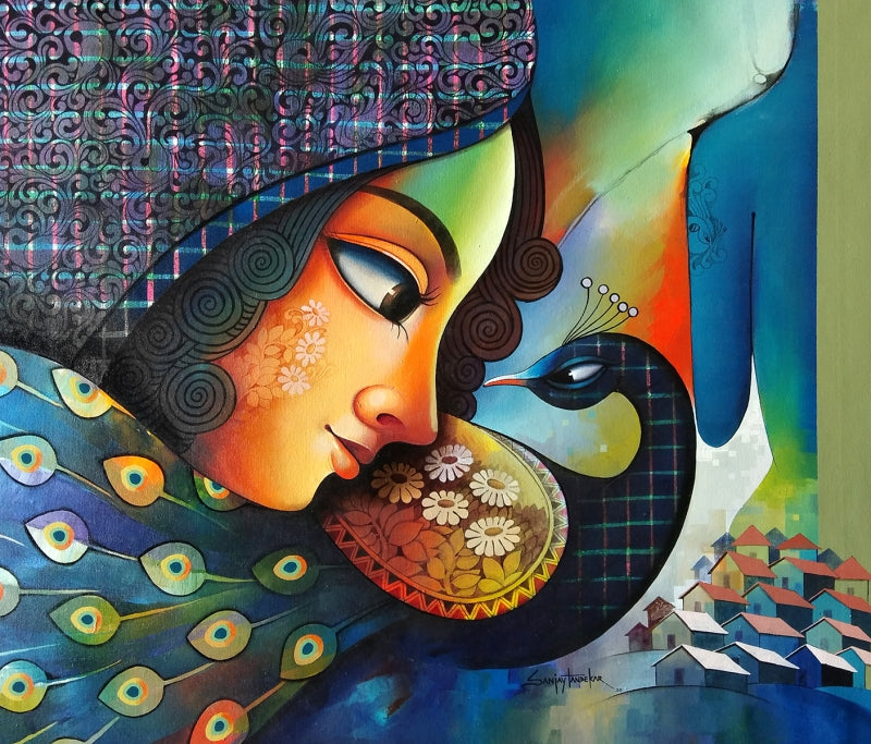 Fusion 4' figurative acrylic painting by artist Sanjay Tandekar, 41x35 inch, on canvas