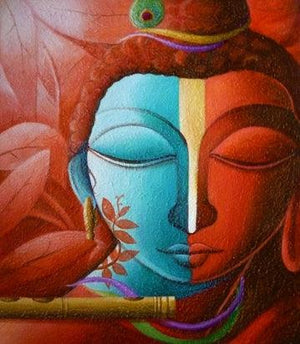 Fusion (Krishna with Flute) by Dhananjay Mukherjee, Original Acrylic Religious Painting on Canvas, X-Small Square Wall Art