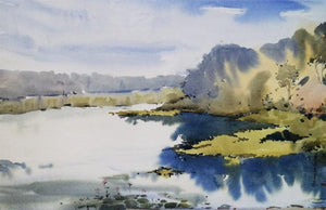 Futala Lake (Waterside Reverie) by Ghanshyam Dongarwar, Original Watercolor Landscape Painting on Paper, Small Horizontal Wall Art
