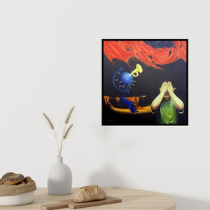 In-situ view of Shivu Hugar's 'Future (The Sound of War)' painting in a room