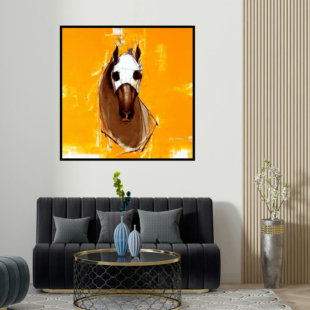 Aditya Shirke's 'The Future Is Bright' painting visualized above a sofa in a contemporary room.