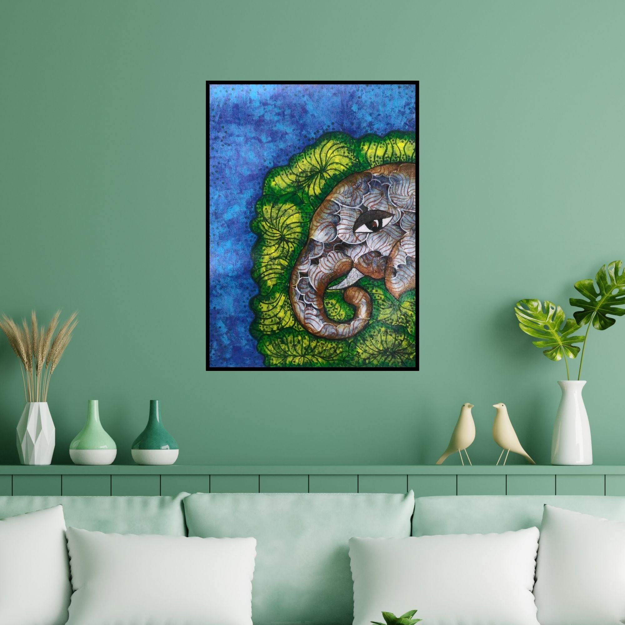 Preview of 'Gaja 11 1' Painting by Sreya Gupta shown on a wall in a furnished room.