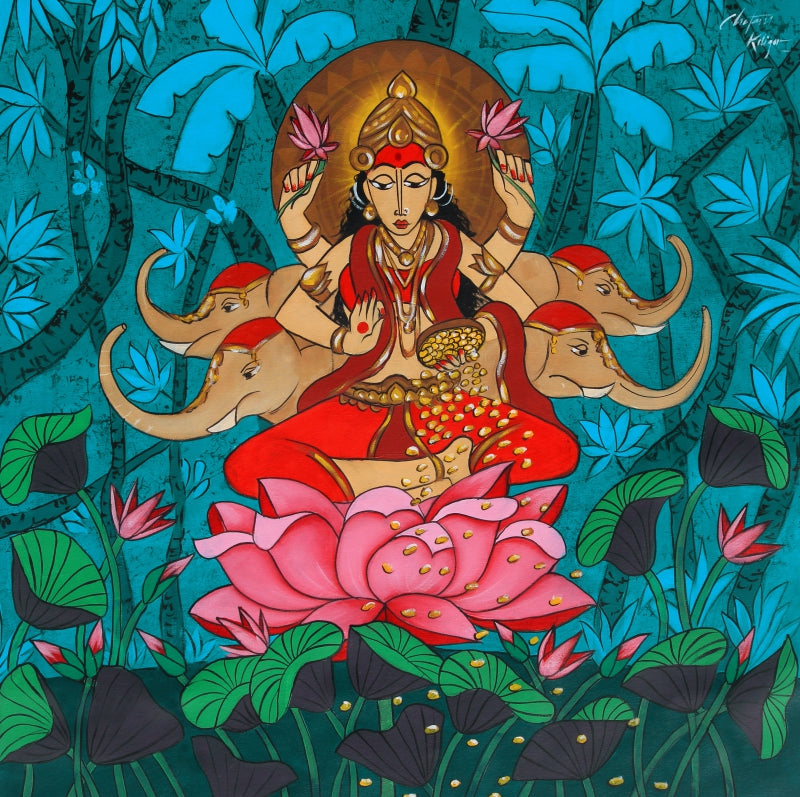 'Gaja Laxmi 2' religious acrylic painting by artist Chetan Katigar, 36x36 inch, on canvas