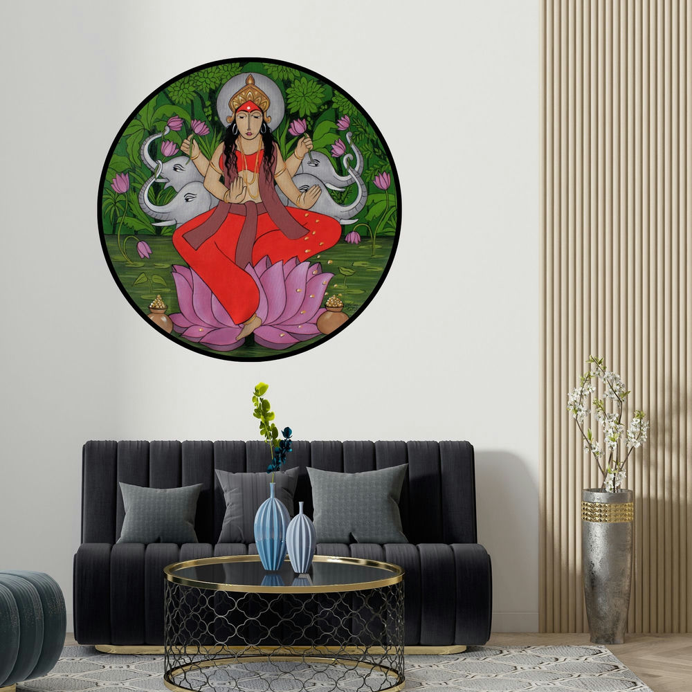 Chetan Katigar's 'Gaja Laxmi (Goddess Lakshmi)' painting visualized above a sofa in a contemporary room.