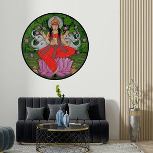 Chetan Katigar's 'Gaja Laxmi (Goddess Lakshmi)' painting visualized above a sofa in a contemporary room.