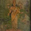 Religious oleograph painting titled 'Gajalakshmi', 15x11 inches, by artist Raja Ravi Varma on Paper