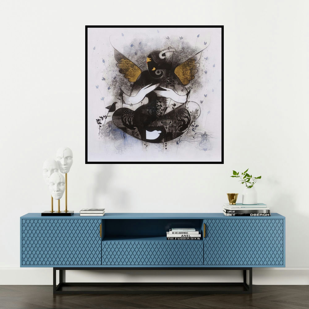 'Gajanan (Embrace of Golden Wings)' painting by Amol Pawar shown on a wall in a furnished room.