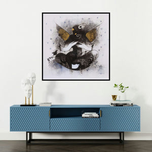 'Gajanan (Embrace of Golden Wings)' painting by Amol Pawar shown on a wall in a furnished room.