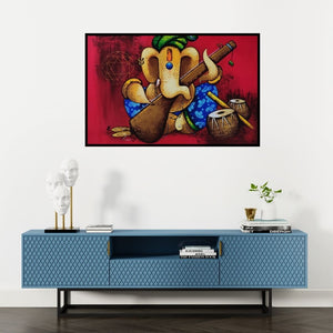 Preview of 'Gajanan (The Divine Musician)' Painting by Paras Parmar shown on a wall in a furnished room.